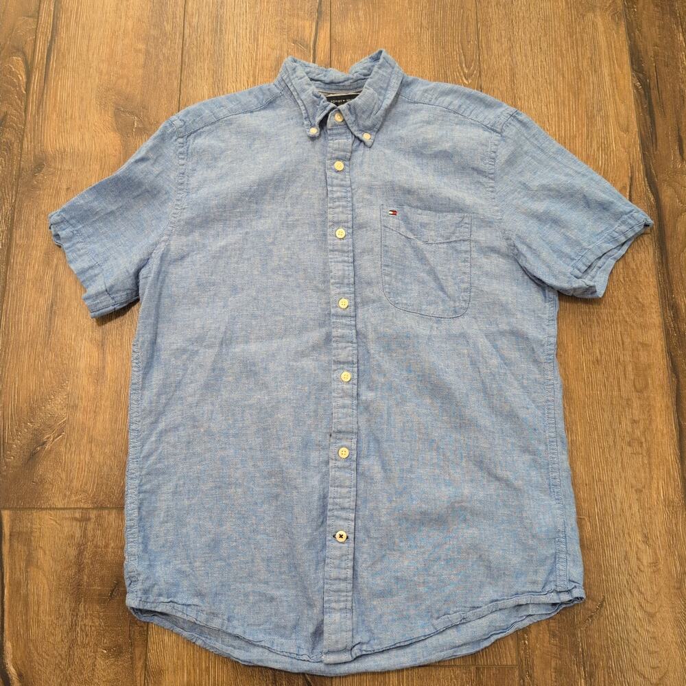 Tommy Hilfiger Men Medium Button Up Shirt‎ Short Sleeve Linen Blend Blue